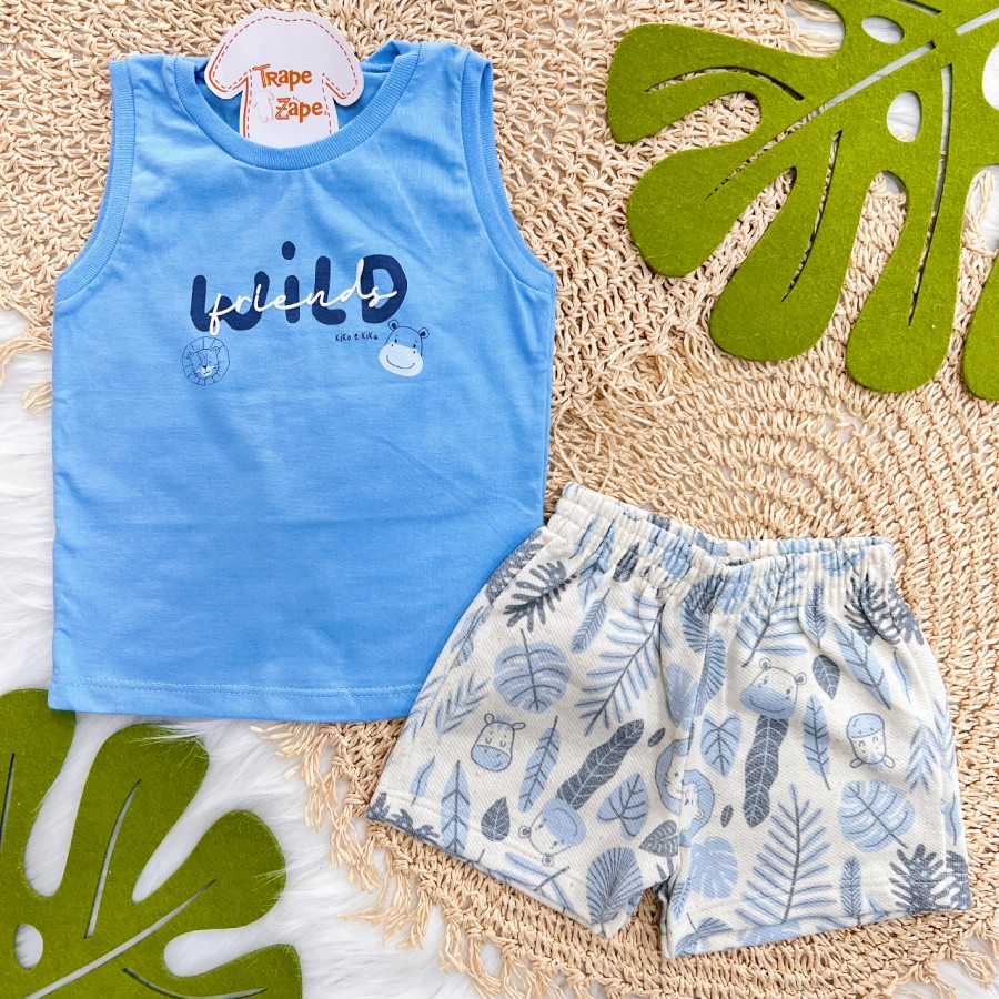 Conj. Regata Wild Friends e Bermuda em Linho Safari - Azul Claro